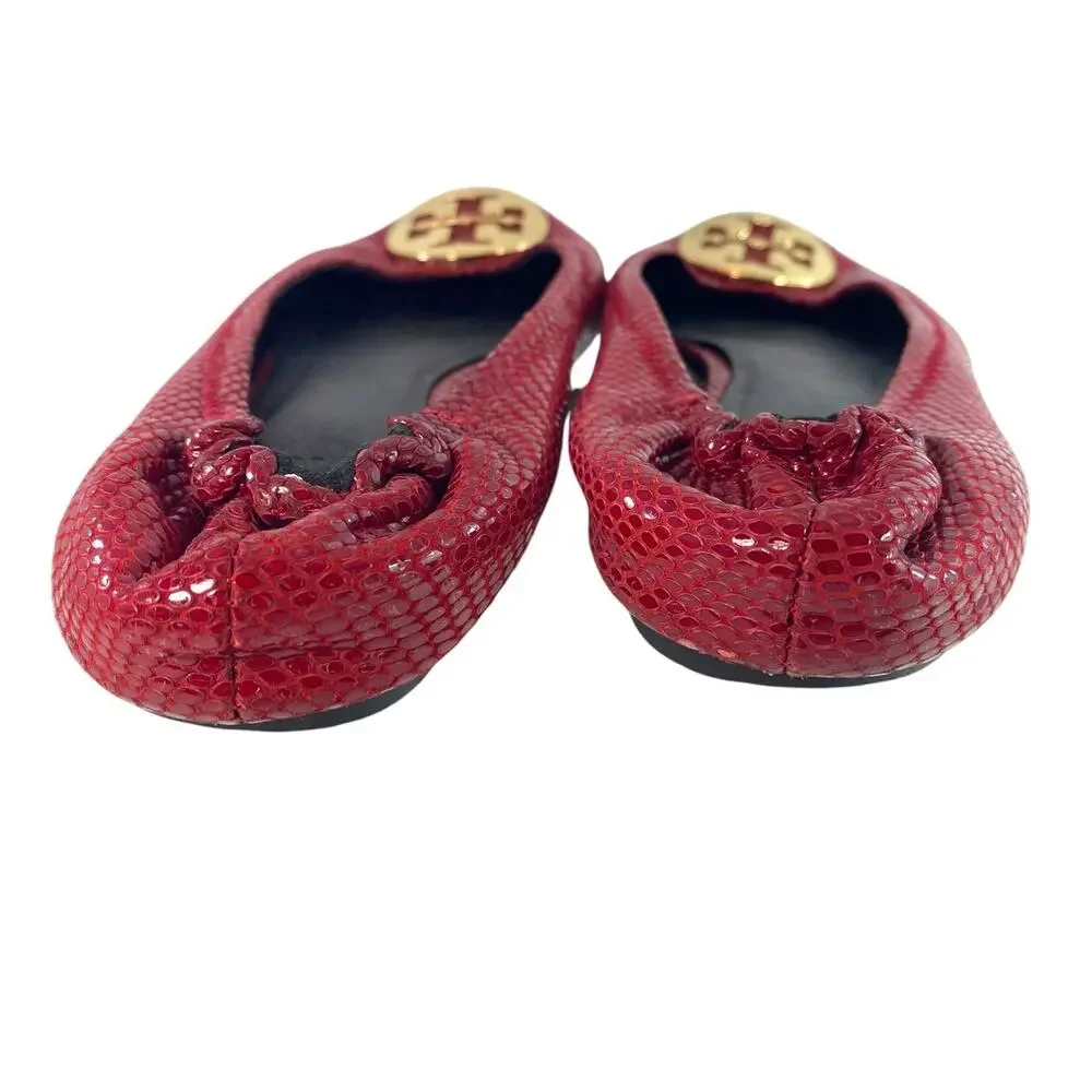 Tory Burch Red Snakeskin Reva Ballet Flats Gold Logo Medallion Elastic Size 10M